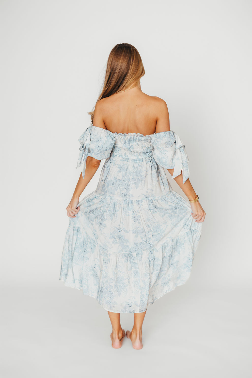 Elena Floral Print Smocked Midi Dress in Blue - Bump Friendly & Inclusive Sizing XS & S Left in Stock)  (Restocking Remaining Sizes in Oct)