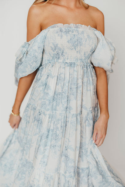 Elena Floral Print Smocked Midi Dress in Blue - Bump Friendly & Inclusive Sizing XS & S Left in Stock)  (Restocking Remaining Sizes in Oct)