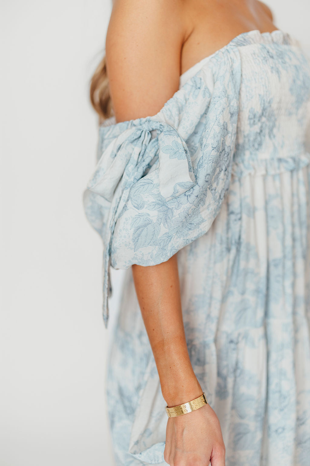 Elena Floral Print Smocked Midi Dress in Blue - Bump Friendly & Inclusive Sizing XS & S Left in Stock)  (Restocking Remaining Sizes in Oct)