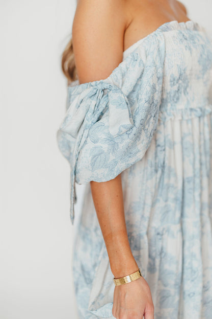 Elena Floral Print Smocked Midi Dress in Blue - Bump Friendly & Inclusive Sizing XS & S Left in Stock)  (Restocking Remaining Sizes in Oct)