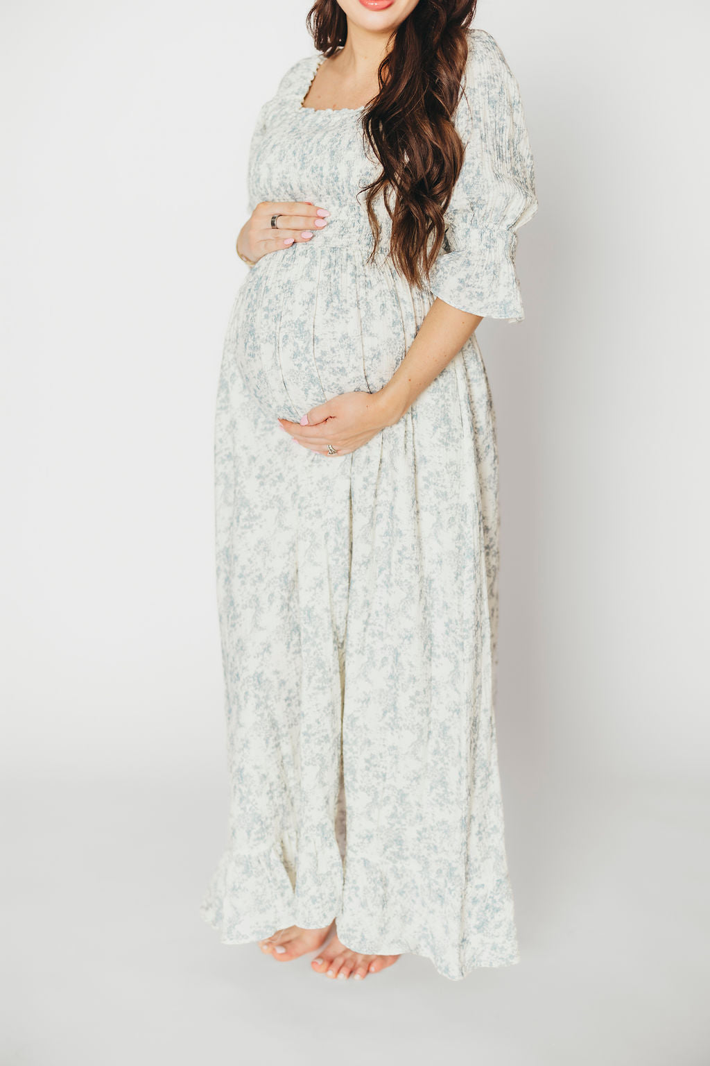 Sienna 100% Cotton Puff Sleeve Maxi Dress in Blue Floral - Bump Friendly