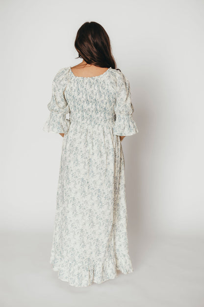 Sienna 100% Cotton Puff Sleeve Maxi Dress in Blue Floral - Bump Friendly