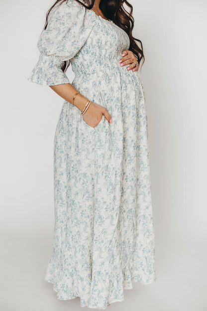 Sienna 100% Cotton Puff Sleeve Maxi Dress in Blue Floral - Bump Friendly
