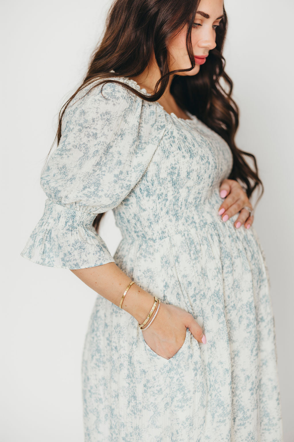 Sienna 100% Cotton Puff Sleeve Maxi Dress in Blue Floral - Bump Friendly