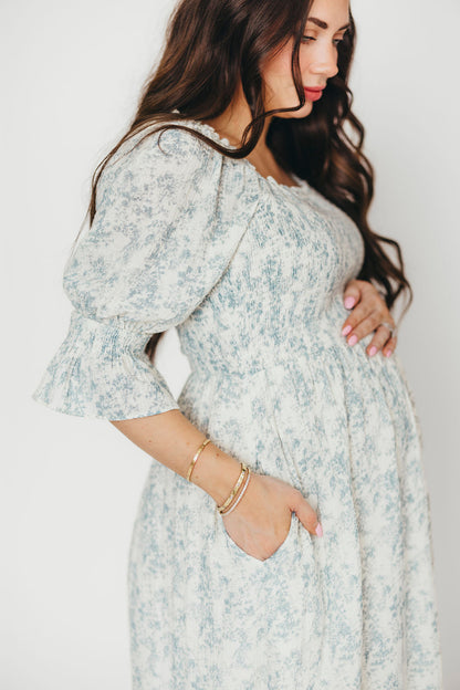 Sienna 100% Cotton Puff Sleeve Maxi Dress in Blue Floral - Bump Friendly