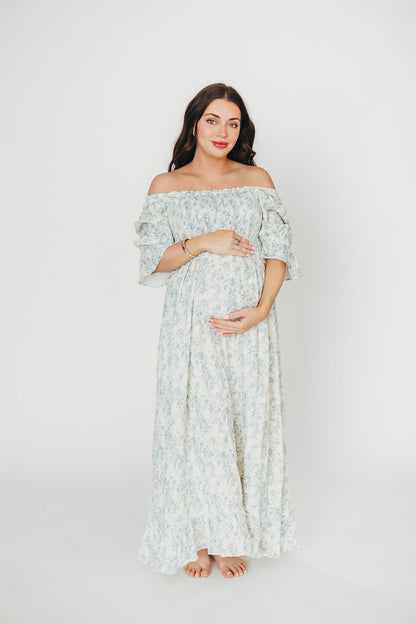 Sienna 100% Cotton Puff Sleeve Maxi Dress in Blue Floral - Bump Friendly