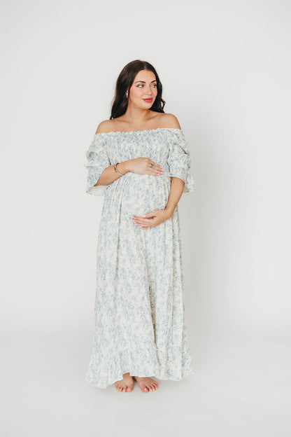 Sienna 100% Cotton Puff Sleeve Maxi Dress in Blue Floral - Bump Friendly