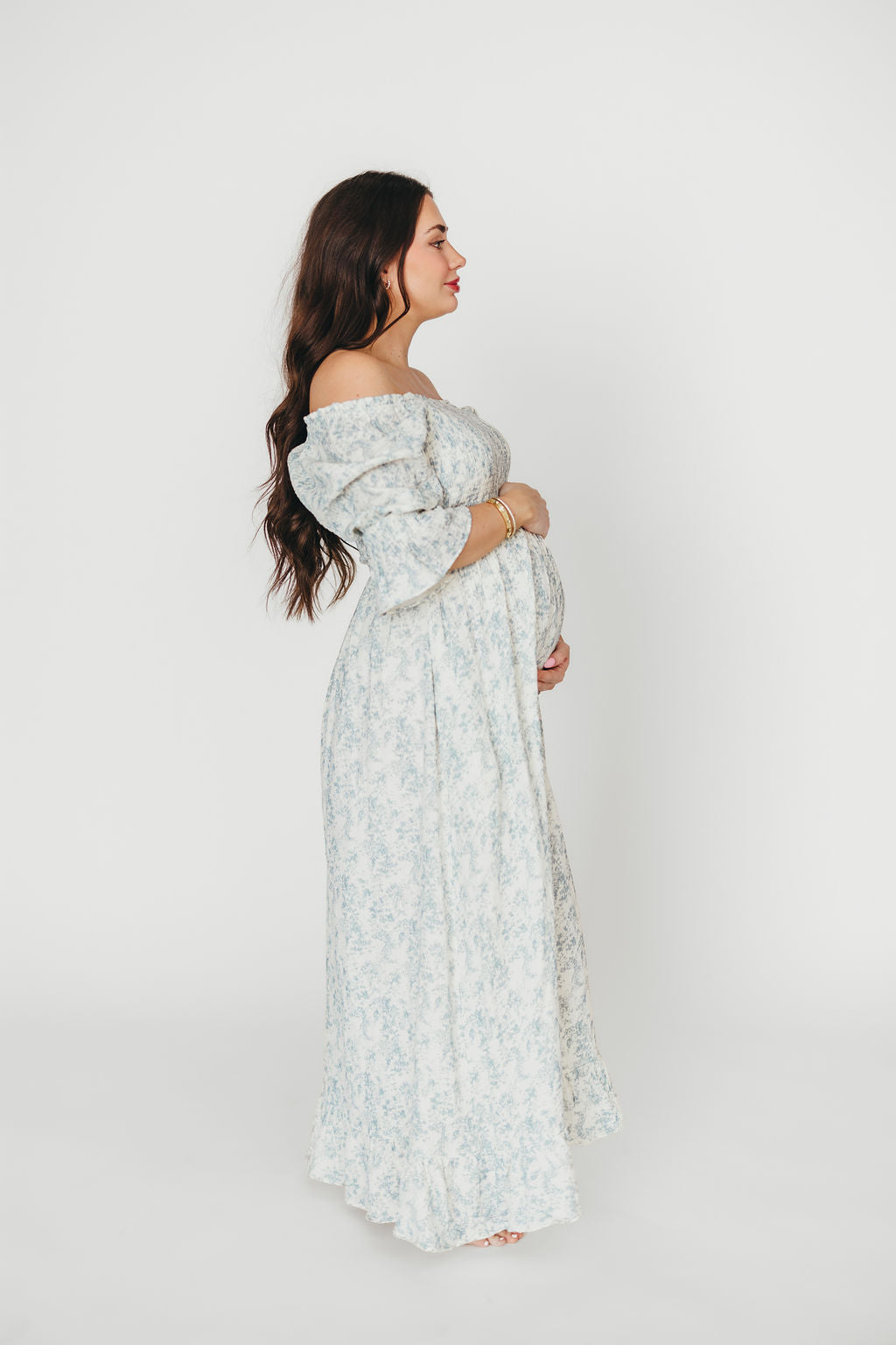 Sienna 100% Cotton Puff Sleeve Maxi Dress in Blue Floral - Bump Friendly