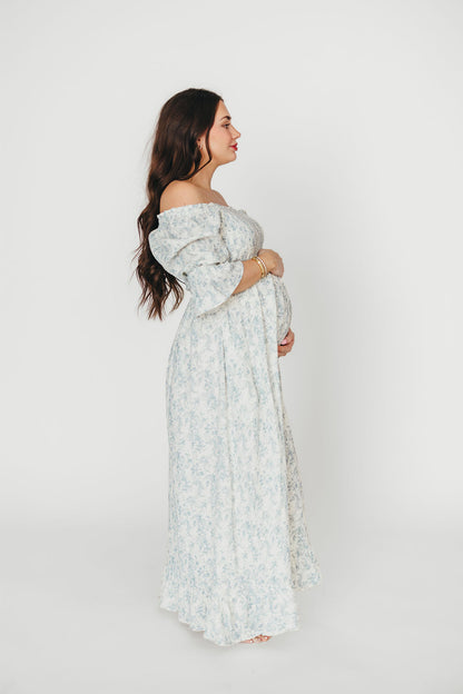 Sienna 100% Cotton Puff Sleeve Maxi Dress in Blue Floral - Bump Friendly