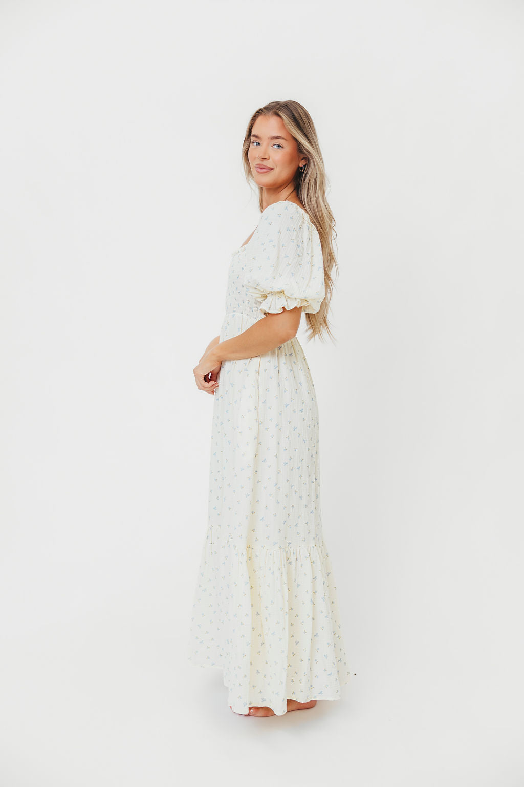 Livvy 100% Cotton Maxi Dress in Petite Blue Floral -Bump Friendly & Inclusive Sizing