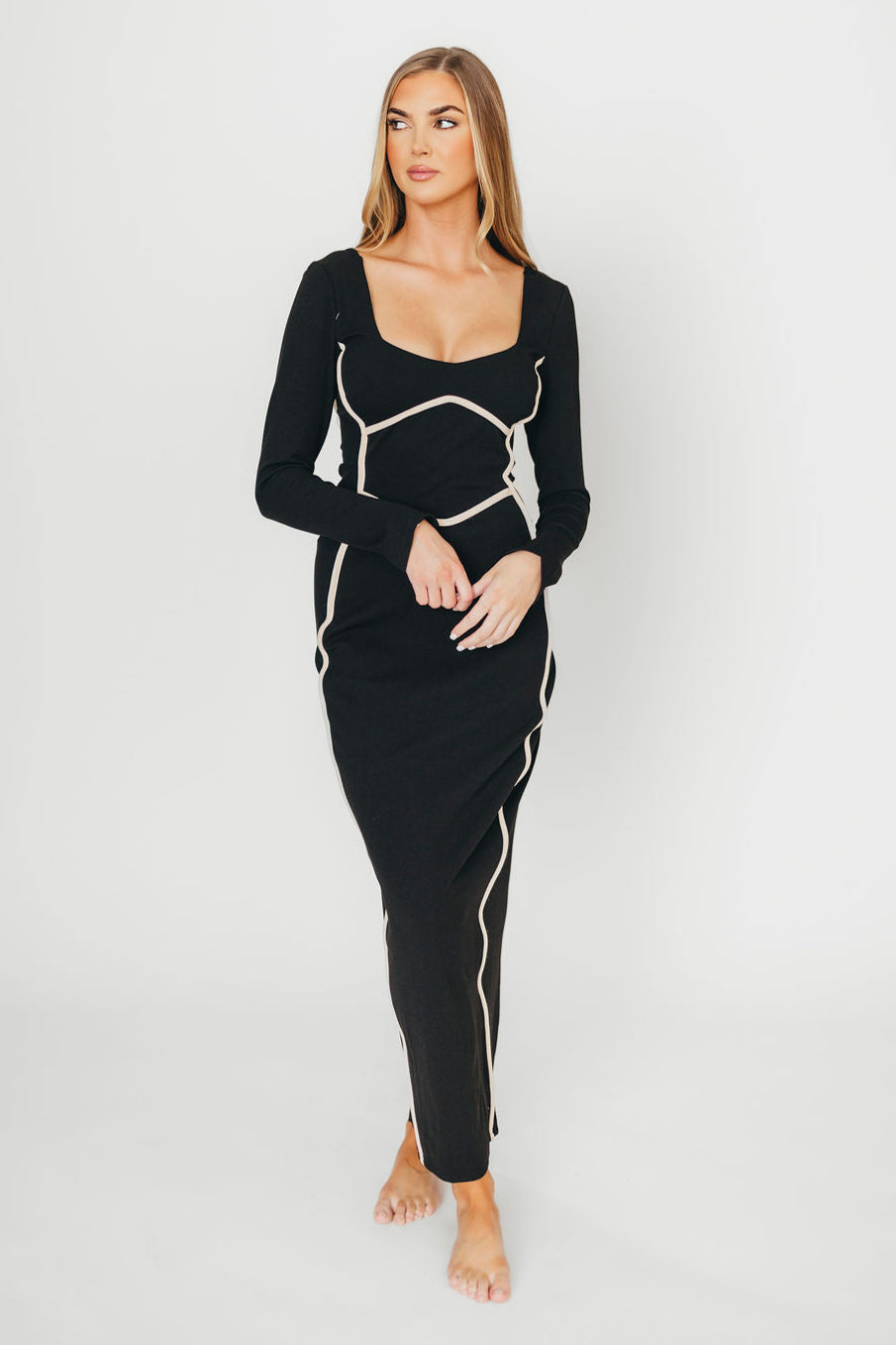 Shana Bodycon Midi Dress with Piping Trim in Black
