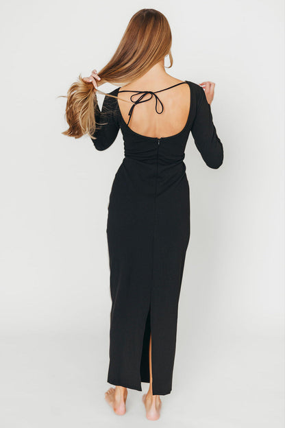 Shana Bodycon Midi Dress with Piping Trim in Black