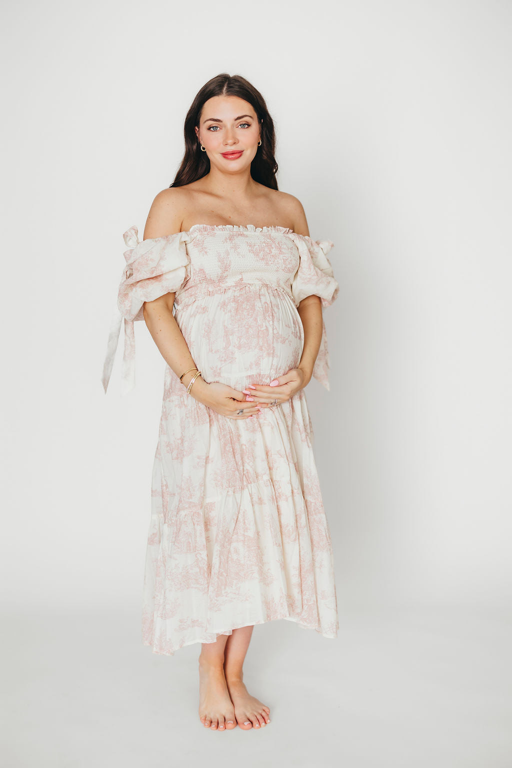 Elena 100% Cotton Toile Print Smocked Midi Dress in Pink - Bump Friendly (Restocking in Oct)