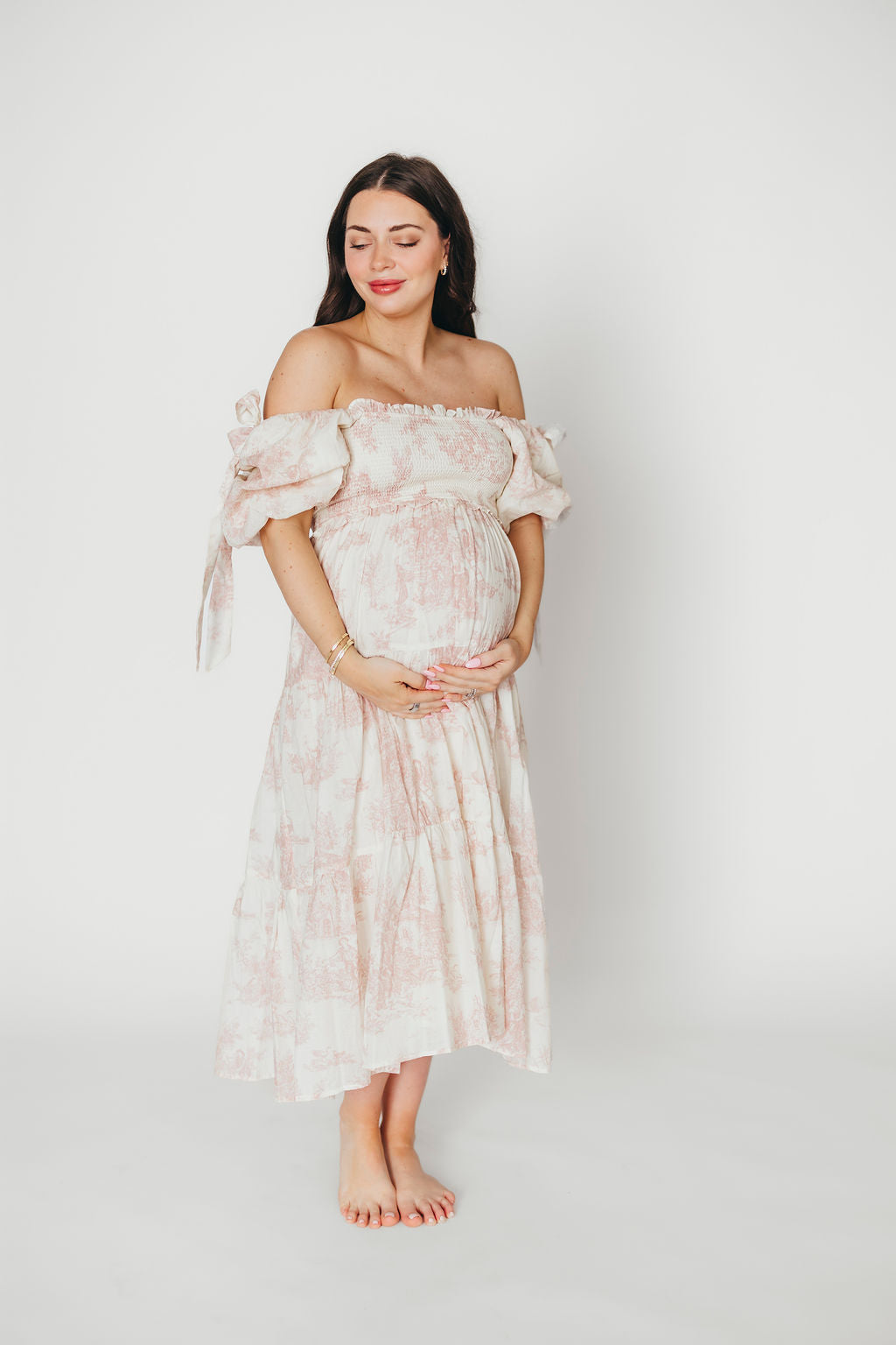 Elena 100% Cotton Toile Print Smocked Midi Dress in Pink - Bump Friendly (Restocking in Oct)