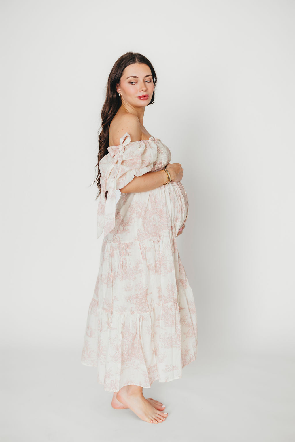 Elena 100% Cotton Toile Print Smocked Midi Dress in Pink - Bump Friendly (Restocking in Oct)