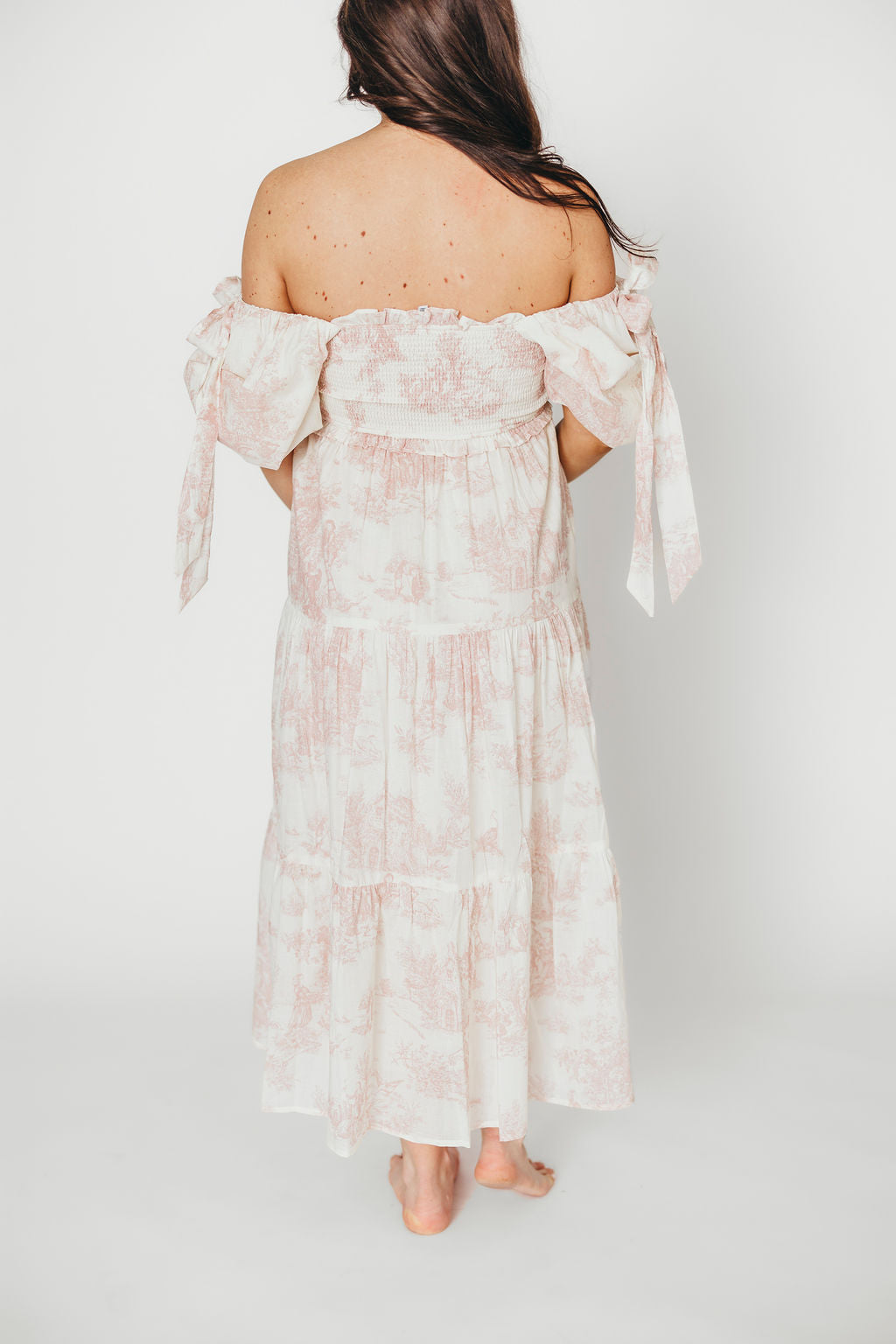 Elena 100% Cotton Toile Print Smocked Midi Dress in Pink - Bump Friendly (Restocking in Oct)