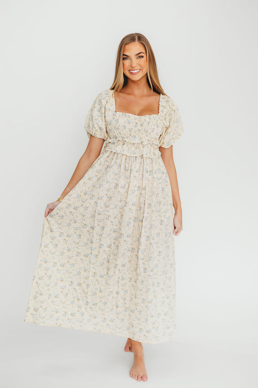 Finley 100% Cotton Peplum Midi Dress in Ivory/Blue - Bump & Nursing Friendly