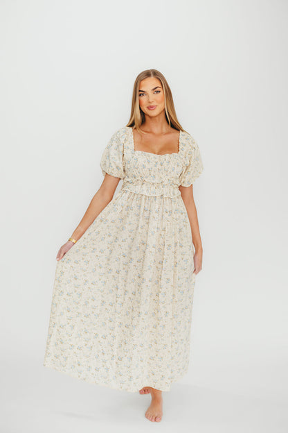 Finley 100% Cotton Peplum Midi Dress in Ivory/Blue - Bump & Nursing Friendly