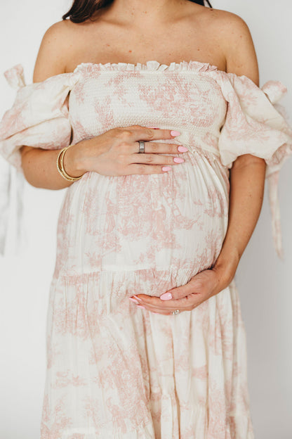 Elena 100% Cotton Toile Print Smocked Midi Dress in Pink - Bump Friendly (Restocking in Oct)