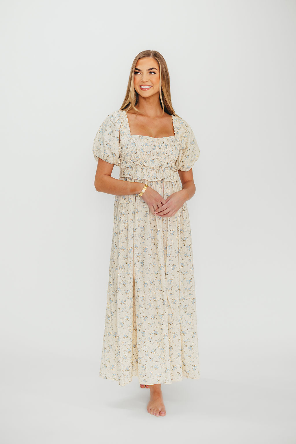 Finley 100% Cotton Peplum Midi Dress in Ivory/Blue - Bump & Nursing Friendly