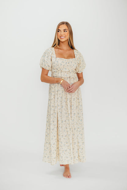 Finley 100% Cotton Peplum Midi Dress in Ivory/Blue - Bump & Nursing Friendly