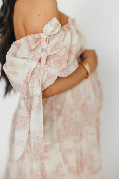 Elena 100% Cotton Toile Print Smocked Midi Dress in Pink - Bump Friendly (Restocking in Oct)