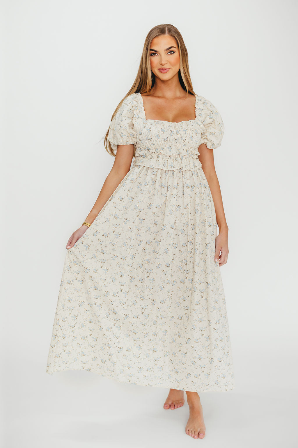 Finley 100% Cotton Peplum Midi Dress in Ivory/Blue - Bump & Nursing Friendly