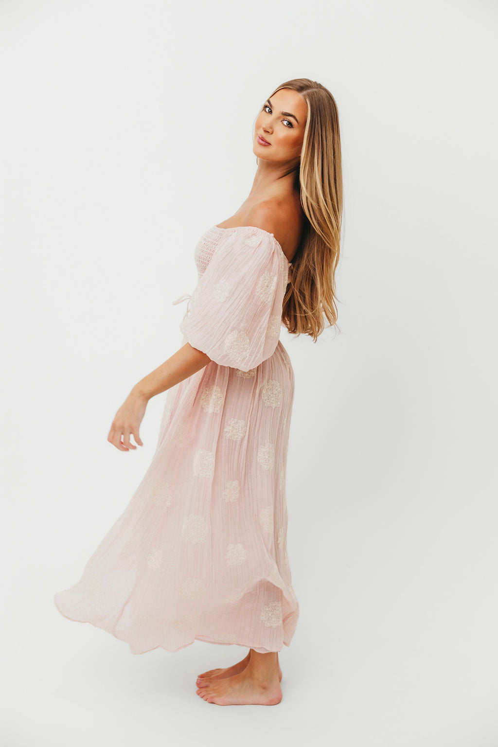 Aimee Smocked Embroidered Floral Midi Dress in Blush