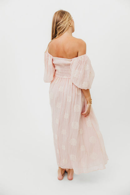 Aimee Smocked Embroidered Floral Midi Dress in Blush