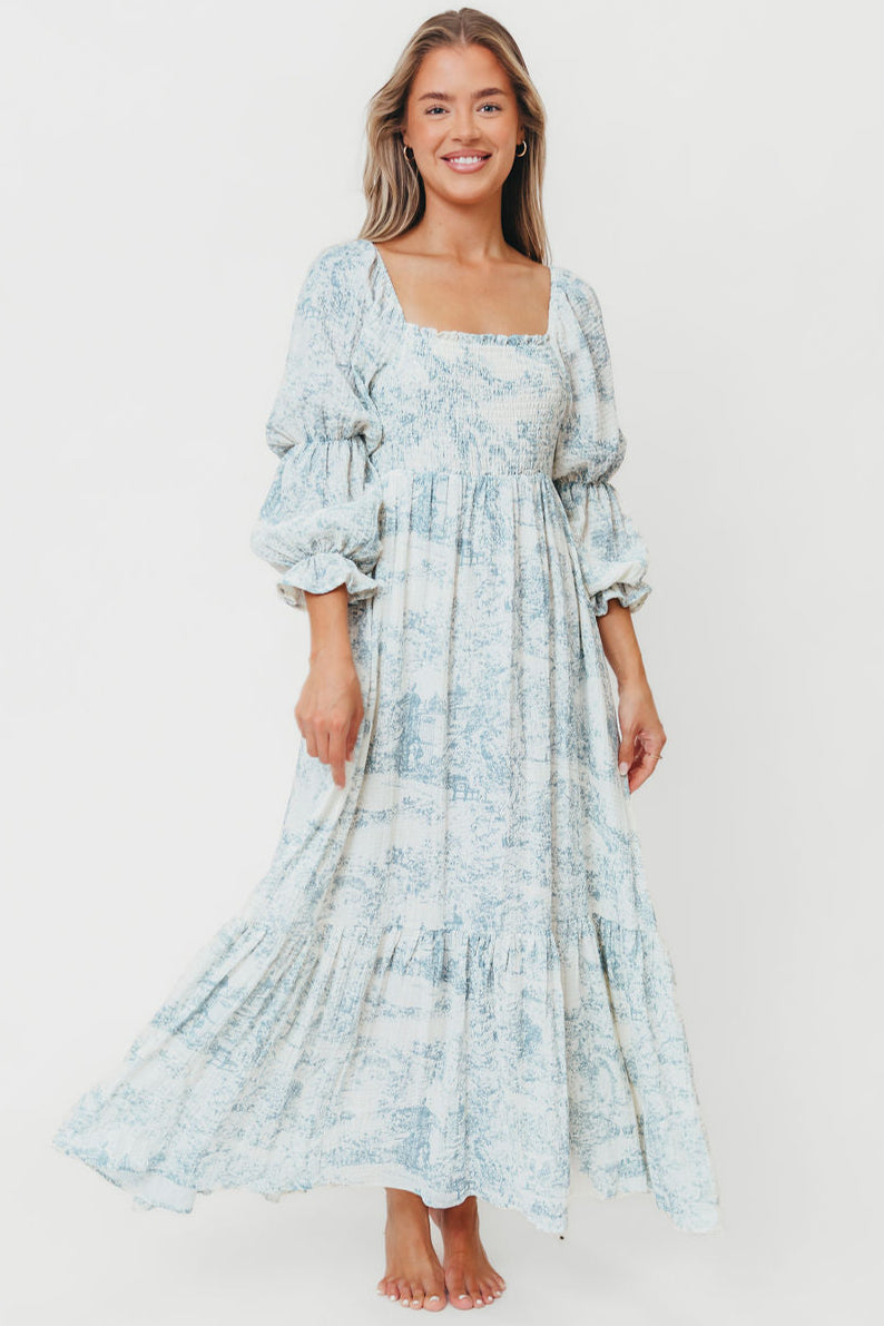 Emerson 100% Cotton Smocked Maxi Dress with Long Sleeves in Blue Toile - Bump Friendly