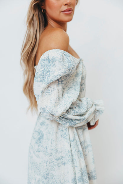 Emerson 100% Cotton Smocked Maxi Dress with Long Sleeves in Blue Toile - Bump Friendly