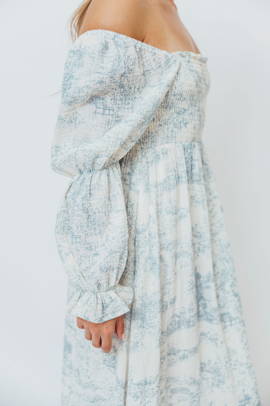 Emerson 100% Cotton Smocked Maxi Dress with Long Sleeves in Blue Toile - Bump Friendly