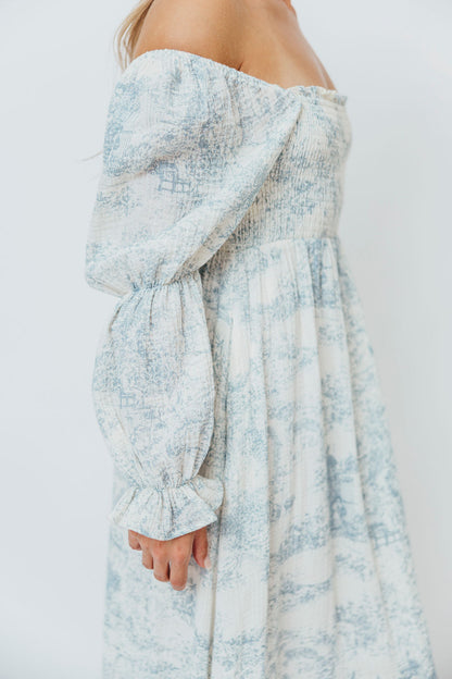 Emerson 100% Cotton Smocked Maxi Dress with Long Sleeves in Blue Toile - Bump Friendly
