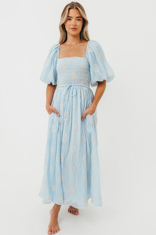 Aimee Smocked Embroidered Floral Midi Dress in Blue