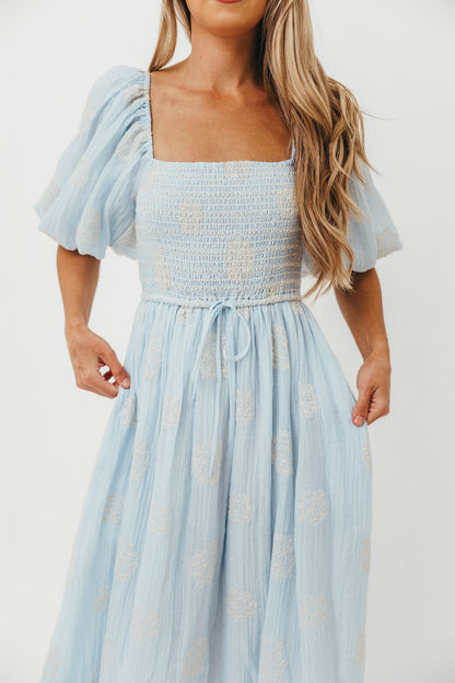 Aimee Smocked Embroidered Floral Midi Dress in Blue