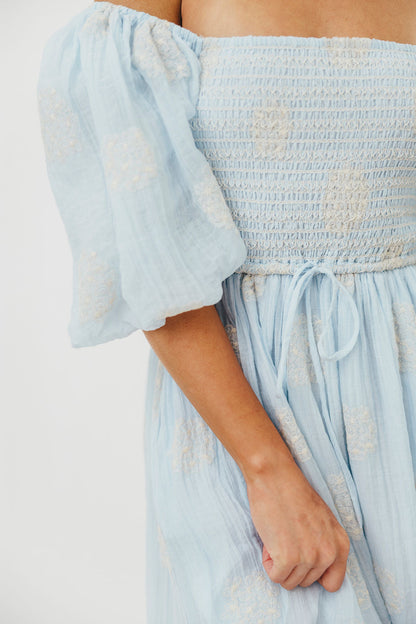 Aimee Smocked Embroidered Floral Midi Dress in Blue