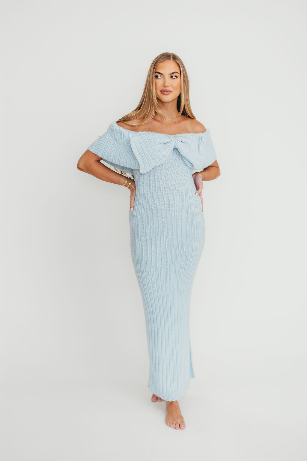 Aston Bow Front Maxi Sweater Dress in Ice Metal– Bump Friendly & Inclusive Sizing (S-3XL)