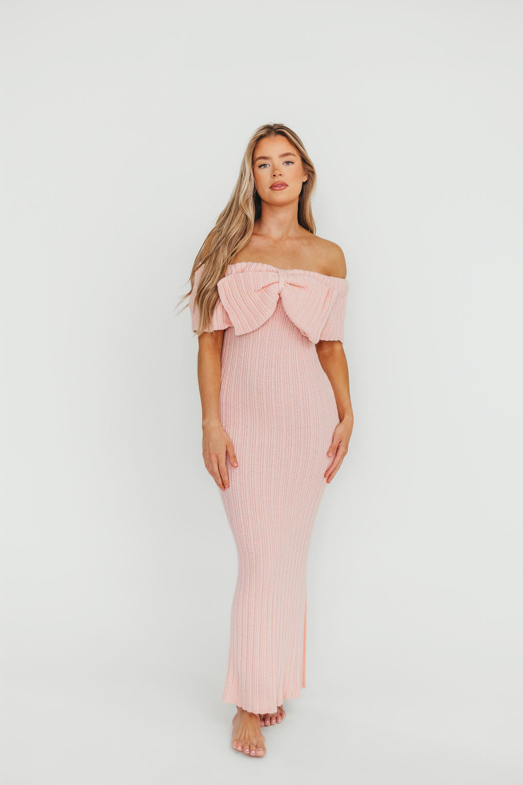 Aston Bow Front Maxi Sweater Dress in Pinkish Petal – Bump Friendly & Inclusive Sizing (S-3XL)
