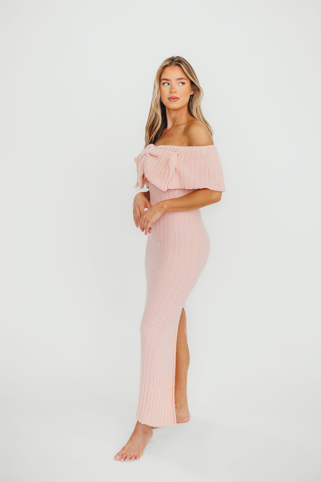Aston Bow Front Maxi Sweater Dress in Pinkish Petal – Bump Friendly & Inclusive Sizing (S-3XL)