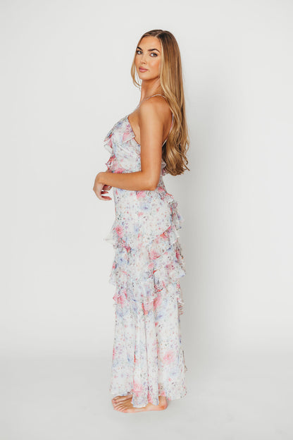 Amelia Ruffle Maxi Dress in White/Multi Floral