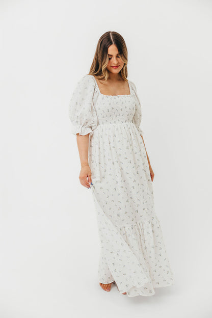 Livvy 100% Cotton Maxi Dress in Off-White / Blue Floral - Bump Friendly & Inclusive Sizing