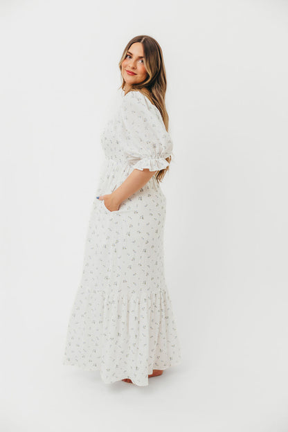 Livvy 100% Cotton Maxi Dress in Off-White / Blue Floral - Bump Friendly & Inclusive Sizing