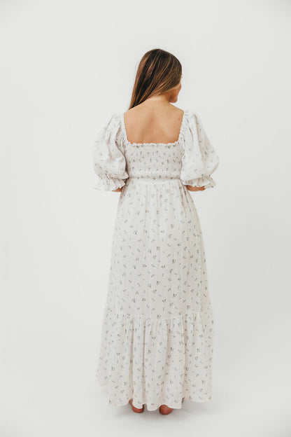 Livvy 100% Cotton Maxi Dress in Off-White / Blue Floral - Bump Friendly & Inclusive Sizing