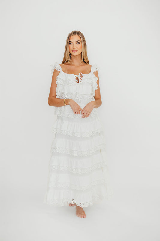 Mikayla 100% Cotton Lace and Gauze Contrast Tiered Maxi Dress in Off-White
