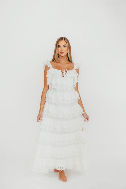 Mikayla 100% Cotton Lace and Gauze Contrast Tiered Maxi Dress in Off-White