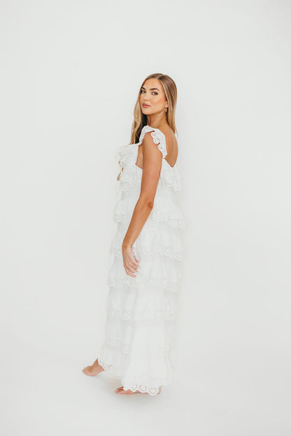 Mikayla 100% Cotton Lace and Gauze Contrast Tiered Maxi Dress in Off-White