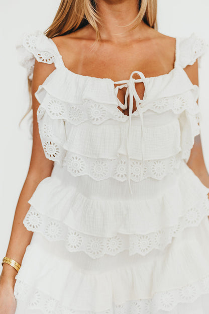 Mikayla 100% Cotton Lace and Gauze Contrast Tiered Maxi Dress in Off-White