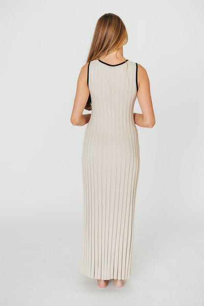 Brianne Button Down Ribbed Knit Maxi Dress in Taupe/Black