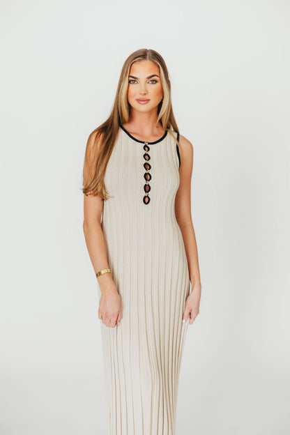 Brianne Button Down Ribbed Knit Maxi Dress in Taupe/Black
