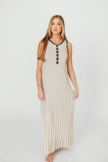 Brianne Button Down Ribbed Knit Maxi Dress in Taupe/Black